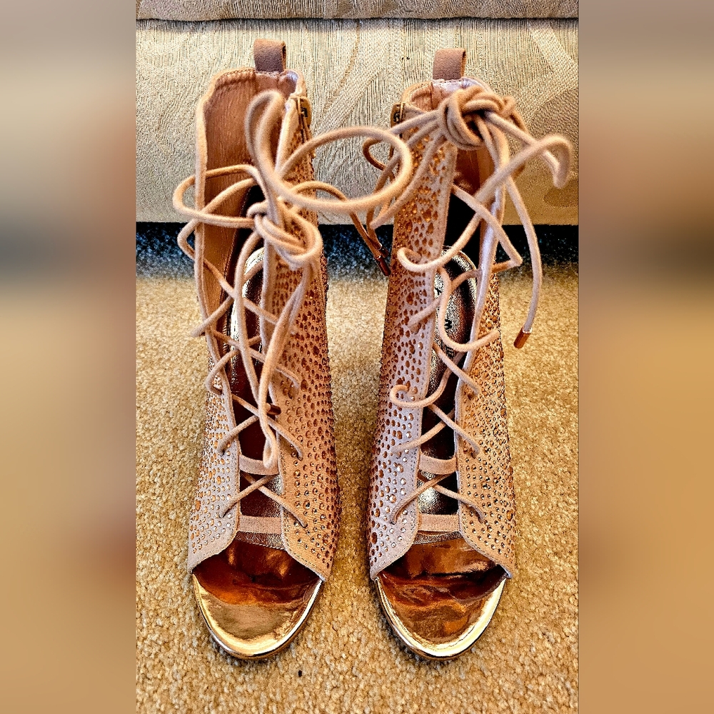 Anne Michelle Tan Lace-Up Heels with Gold Accents